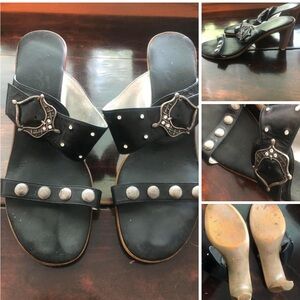 3/$25 DEX 9.5 Heeled Sandals, Black leather style w fab hardwar…